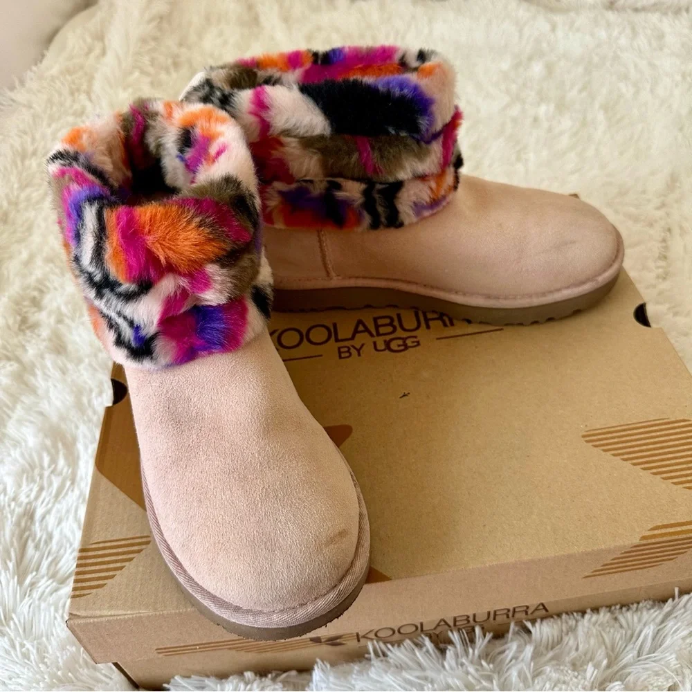UGG Fluff Mini Quilted Motlee Pink Suede Multicolor Fur Cuff Ankle Boots Size 7